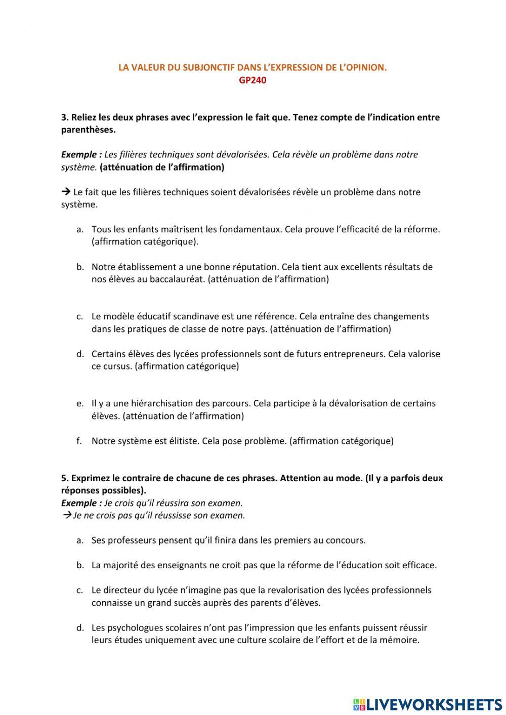La valeur du subjonctif dans l'expression de l'opinion