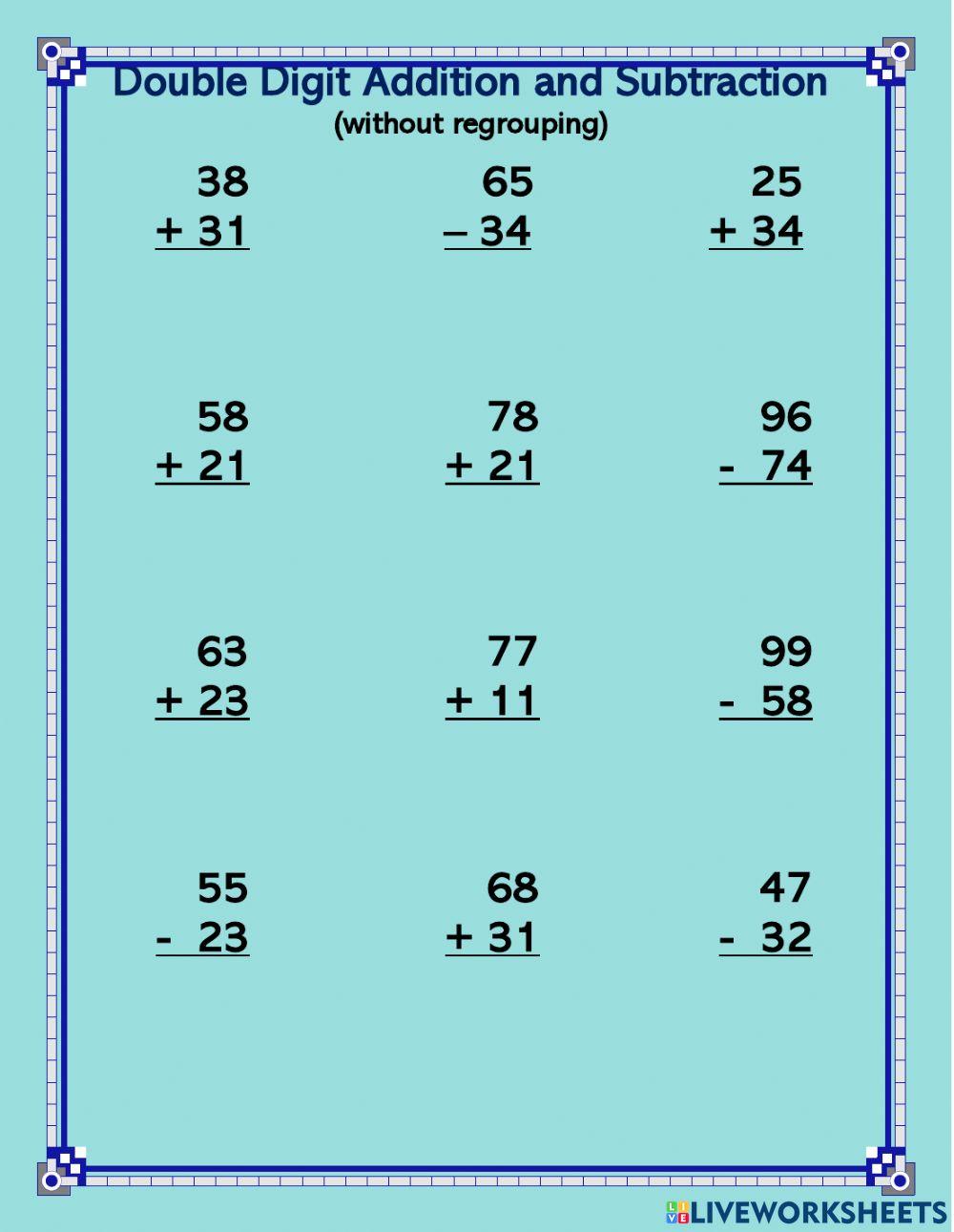 Double Digit addition and subtraction set 5 no regrouping worksheet Live Worksheets
