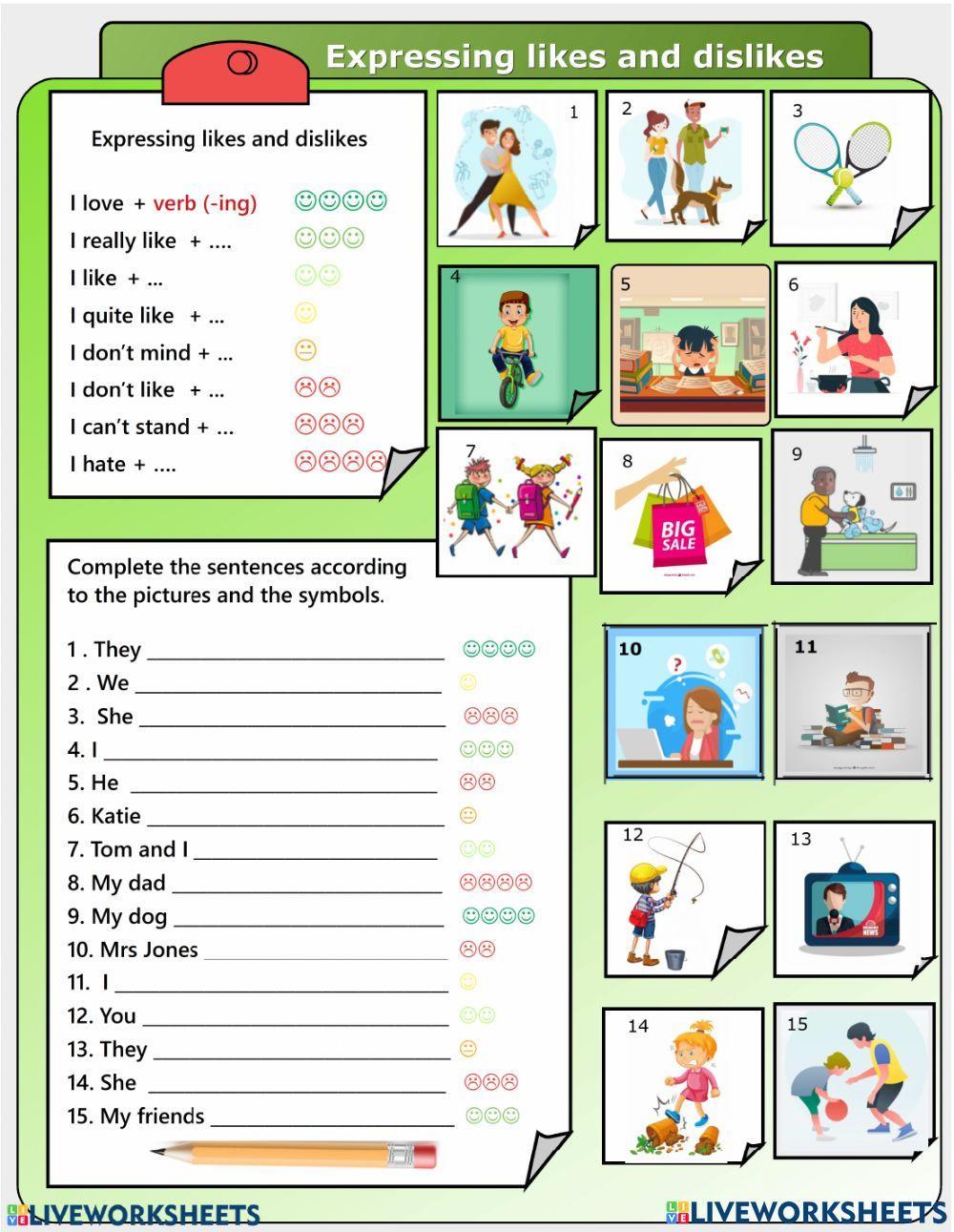 Expressions in exercises. Likes and Dislikes на английском. Задания на like Dislike. Like Dislike упражнения. Likes and Dislikes Worksheets.