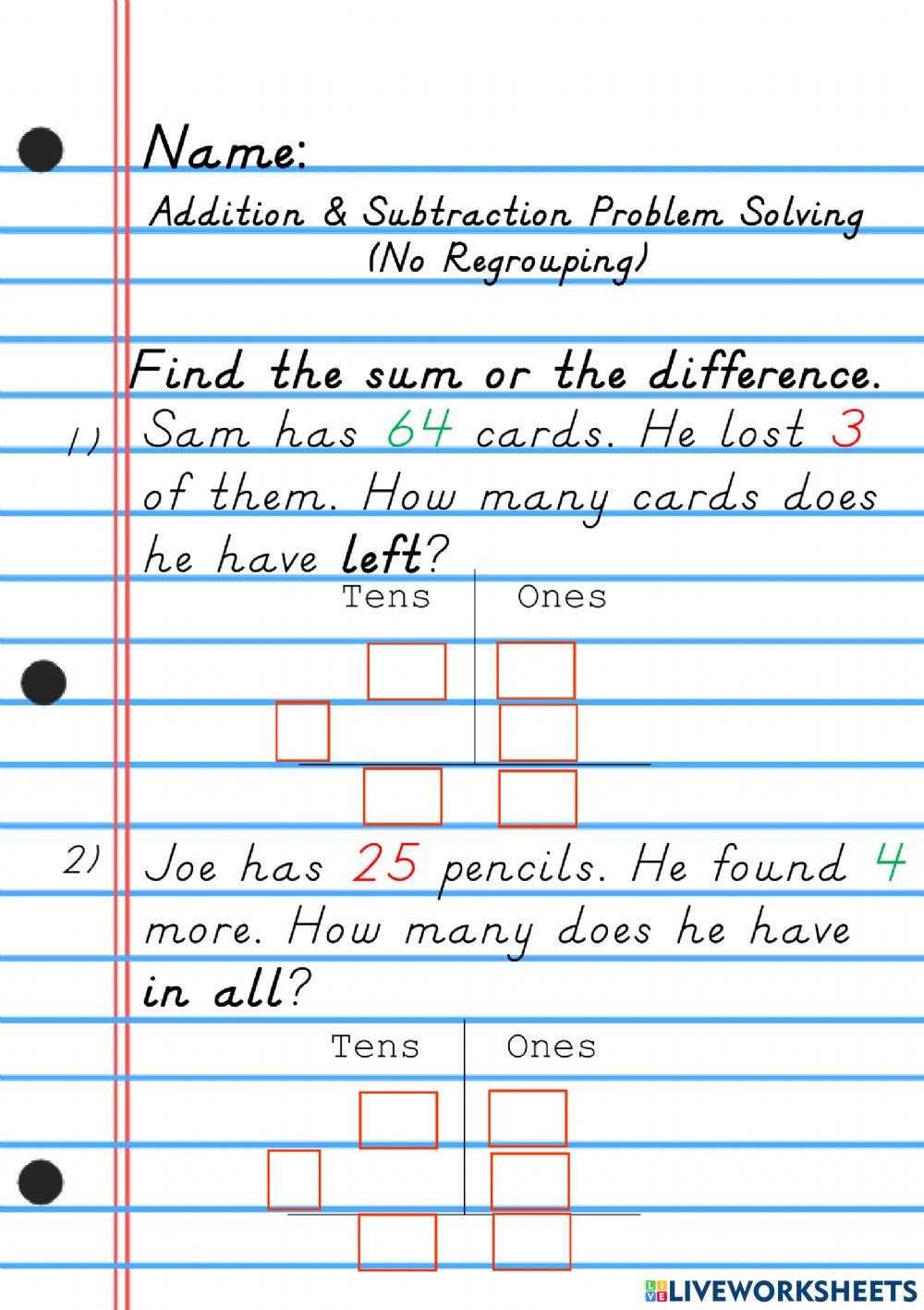Addition and Subtraction Problem Solving activity | Live Worksheets