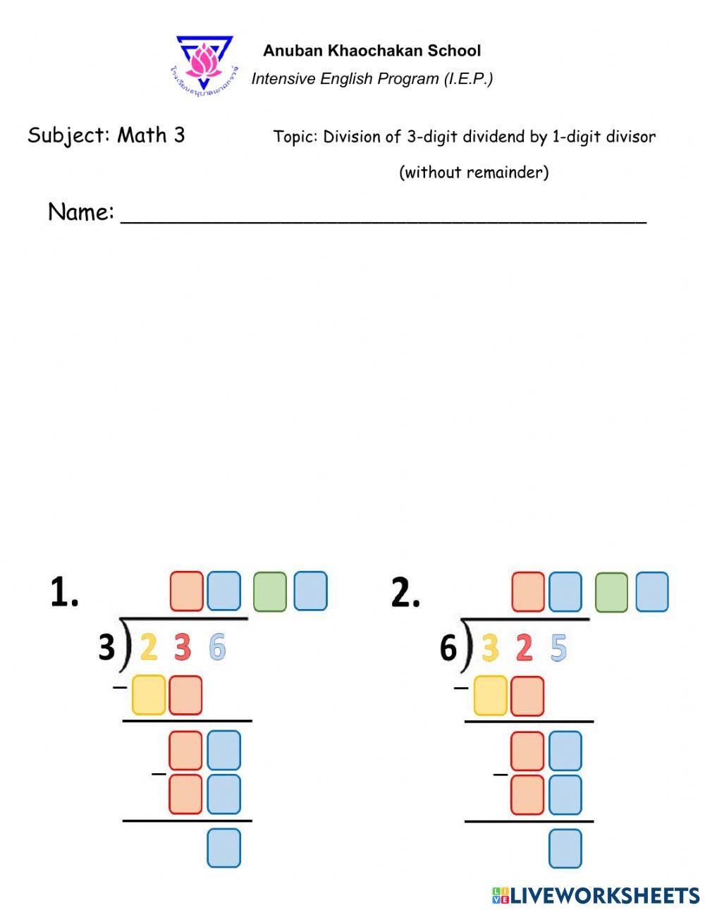 Division of 3 digit dividend by 1 digit divisor (WITH Remainder)