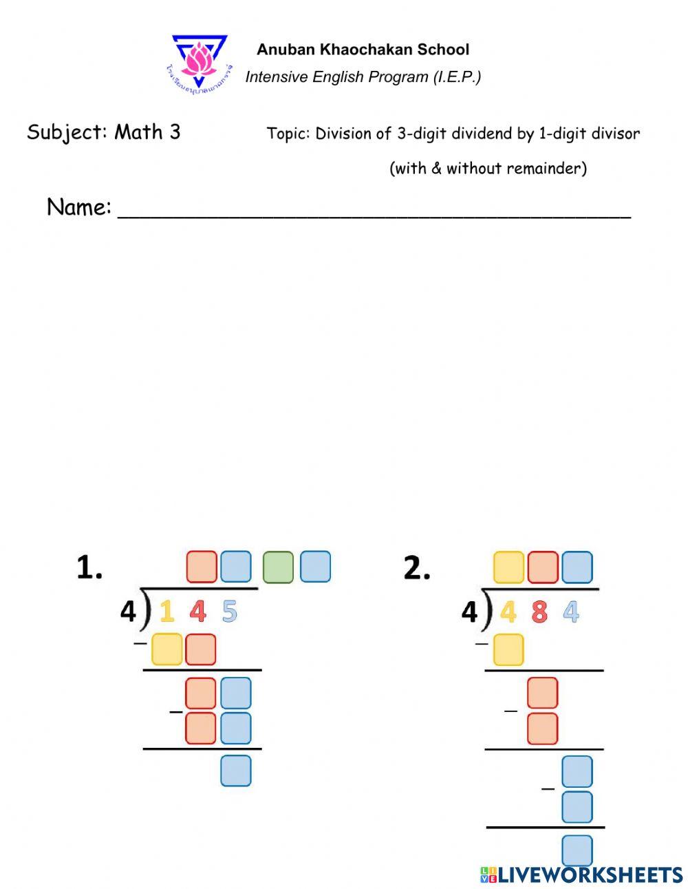 Division of 3 digit dividend by 1 digit divisor (WITH AND WITHOUT Remainder)