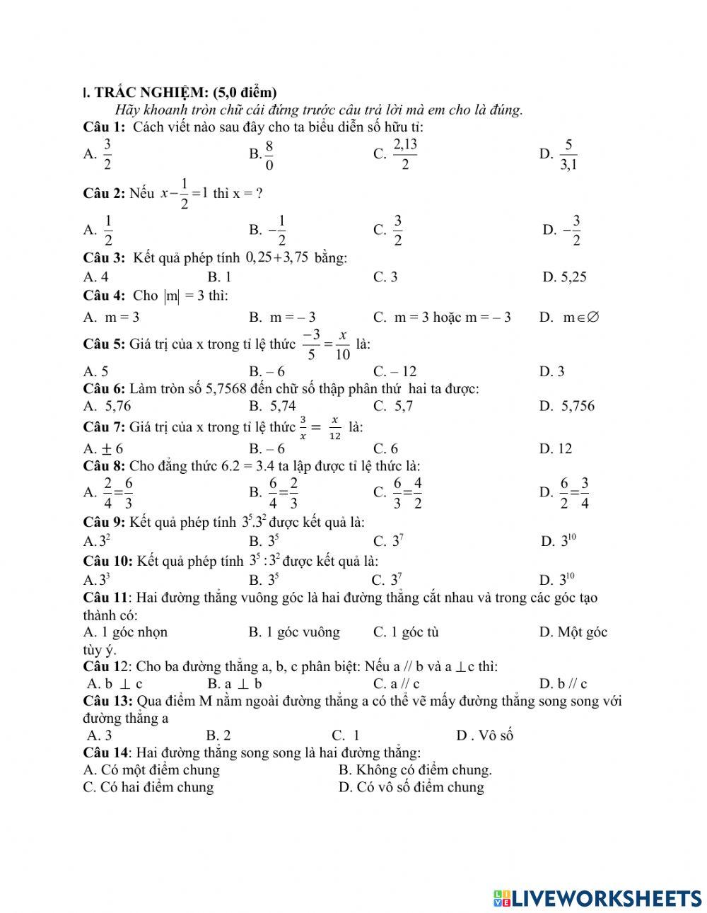 De 1 giữa HK1 Toán 7
