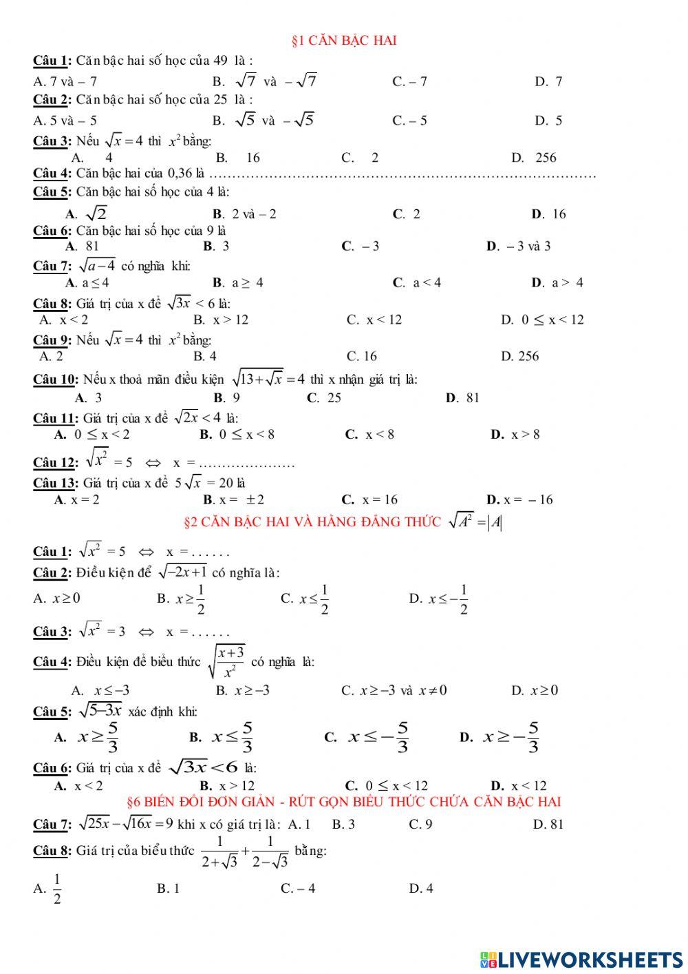 Trắc nghiệm giữa HK1 Toán 9