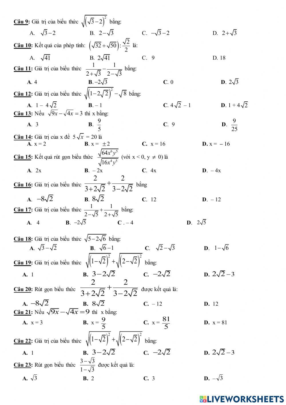 Trắc nghiệm giữa HK1 Toán 9
