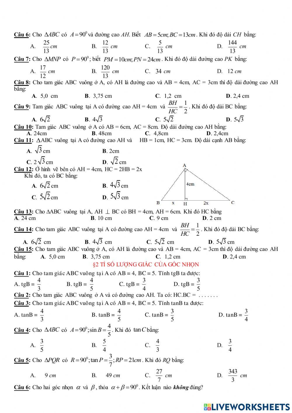 Trắc nghiệm giữa HK1 Toán 9