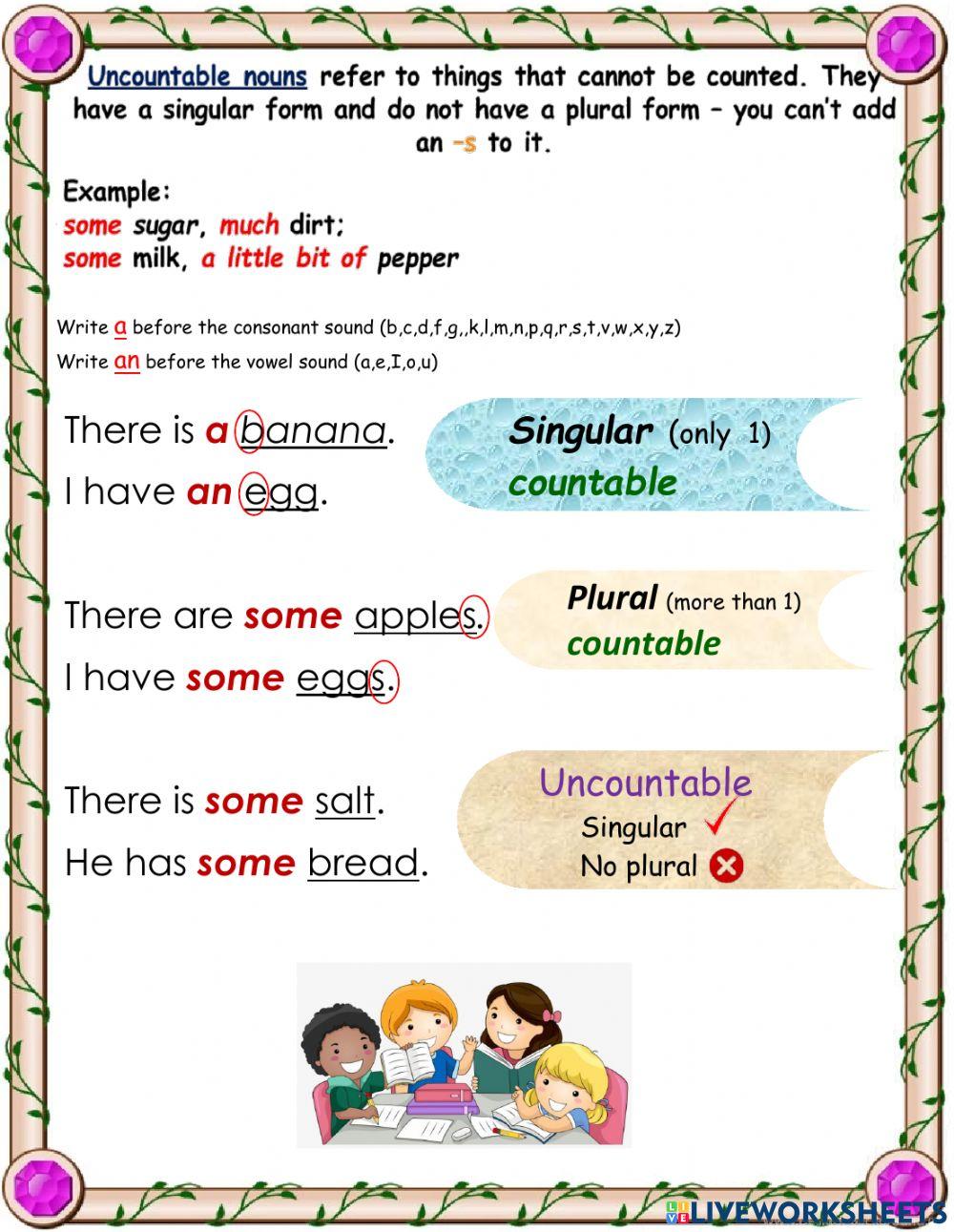Countable nouns - Uncountable nouns - a, an, some