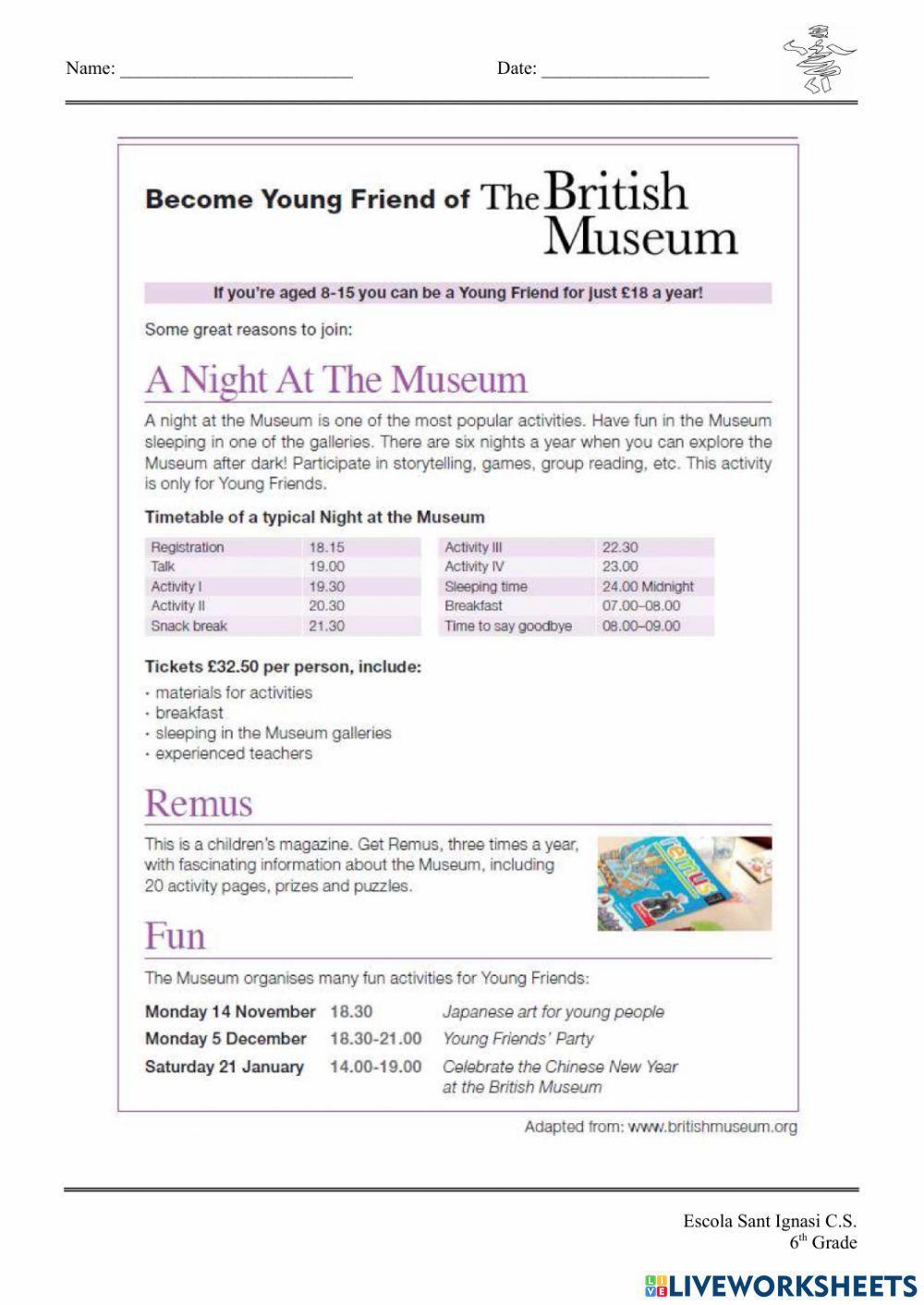 Reading comprehension. A night at the museum