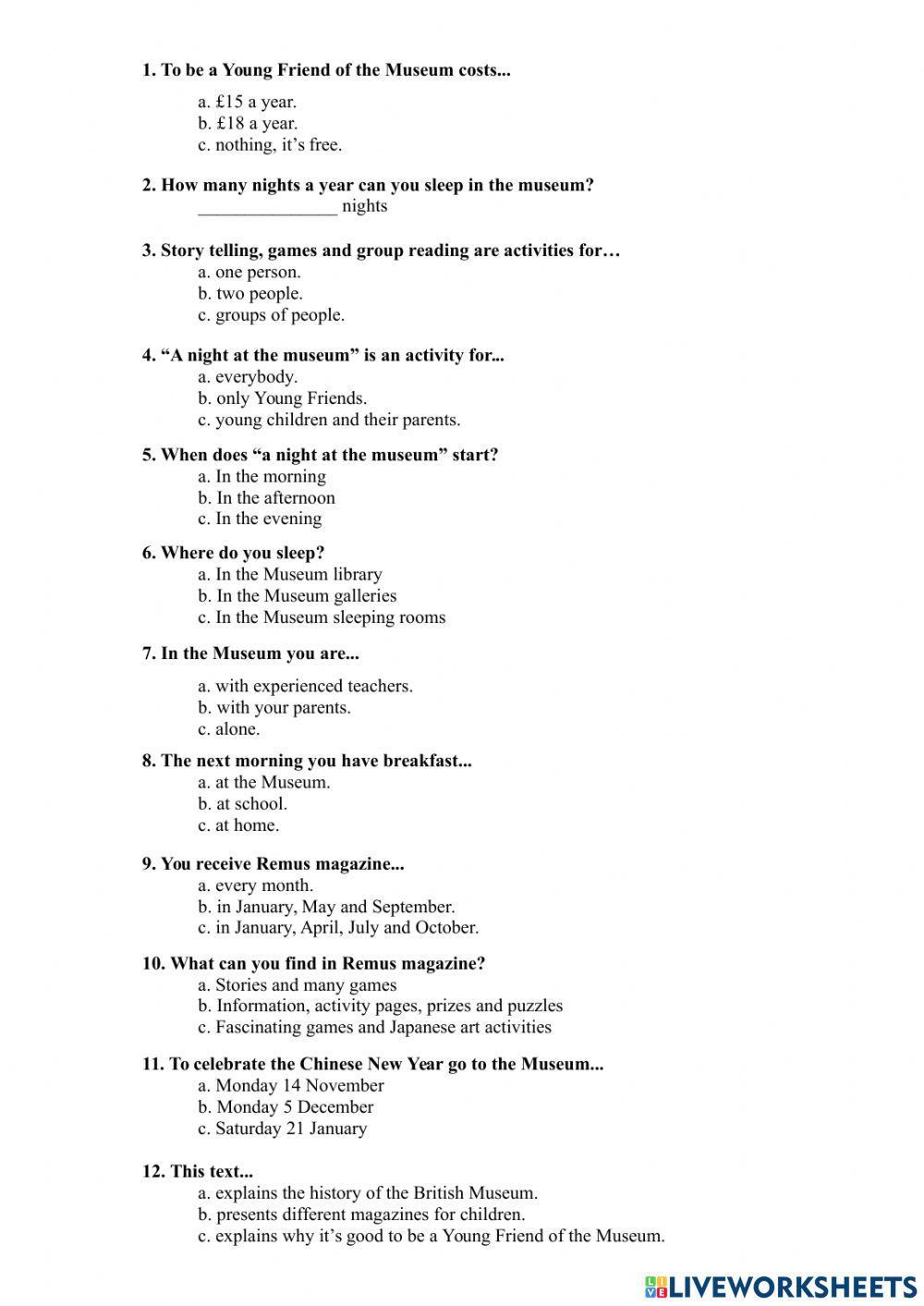 Reading comprehension. A night at the museum