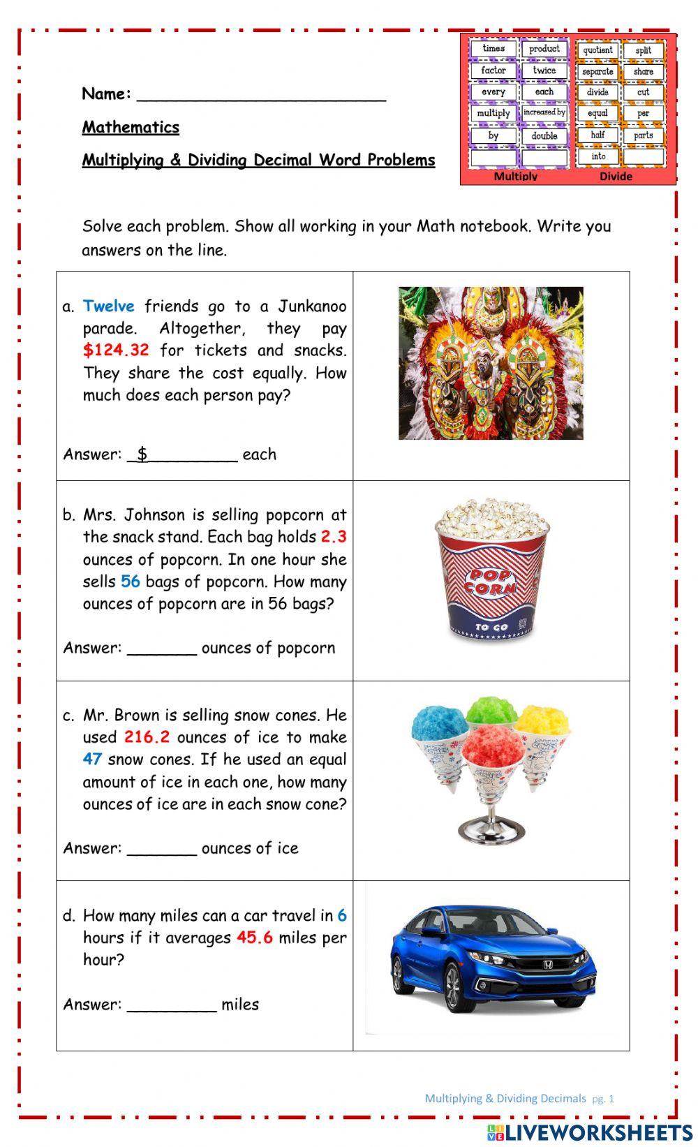 Multiplying and Dividing Decimals Word Problems Multiplying and Dividing Decimals Word Problems