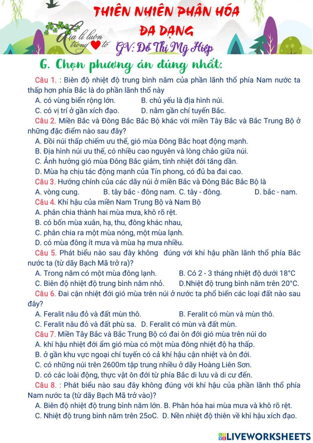 Bài tập chủ đề 5. THIÊN NHIÊN PHÂN HÓA ĐA DẠNG