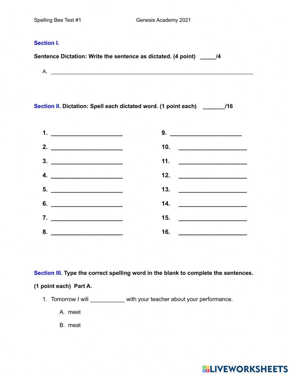 Spelling Test - Spelling Bee Words