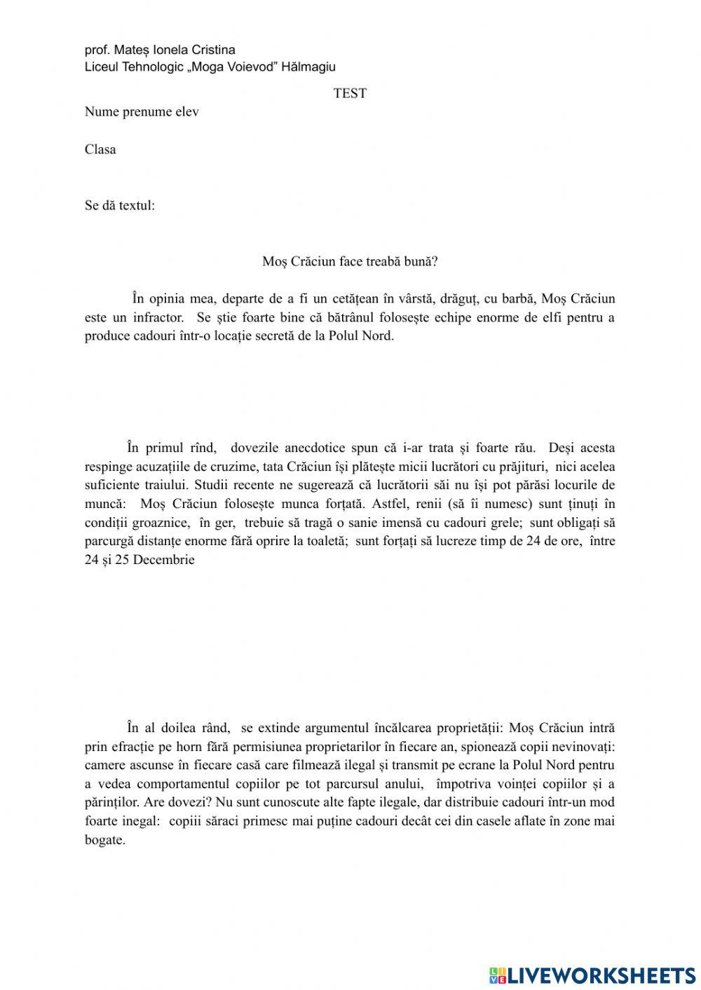 Test Textul argumentativ