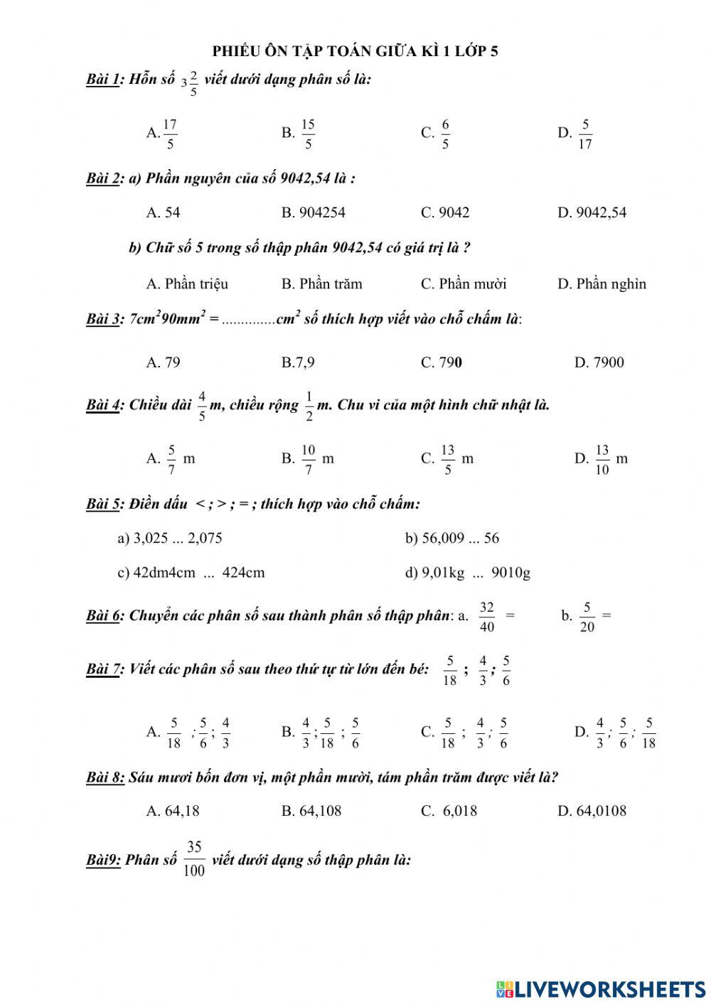 Phiếu ôn tập giữa kì 1 môn Toán