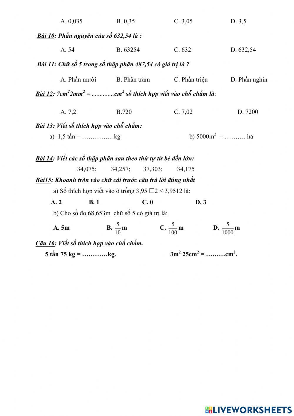 Phiếu ôn tập giữa kì 1 môn Toán