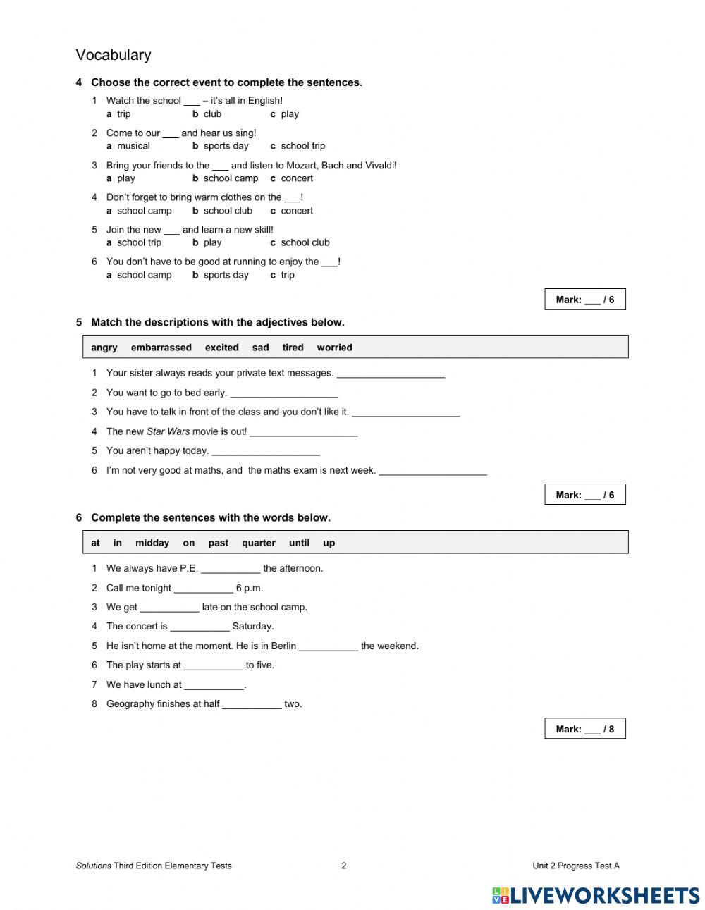 Progress test Solutions Ele. Unit 2