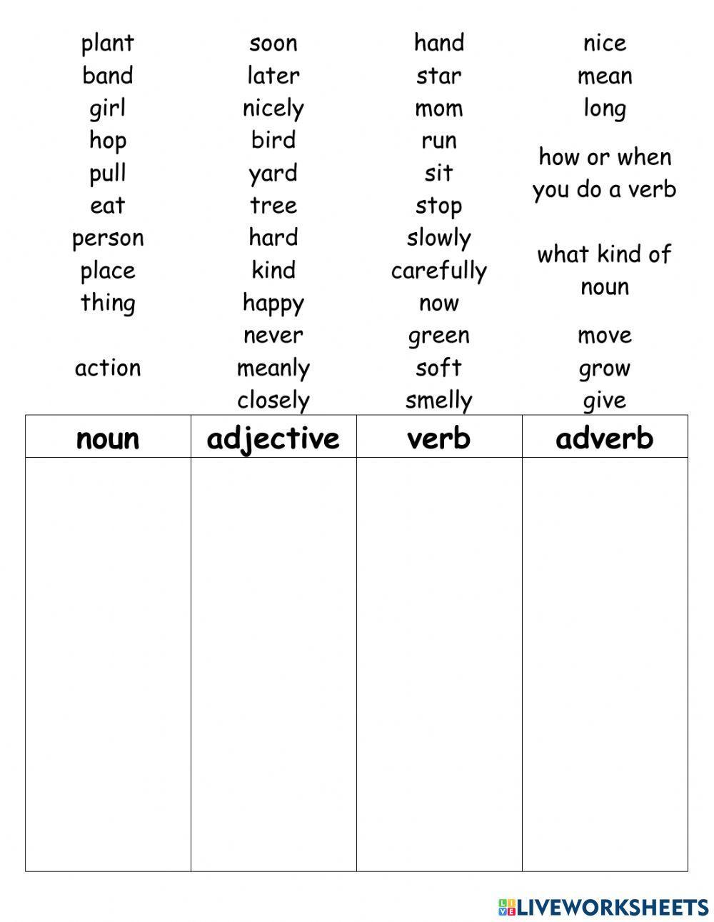 Match Nouns, Verbs, Adverbs, and Adjectives