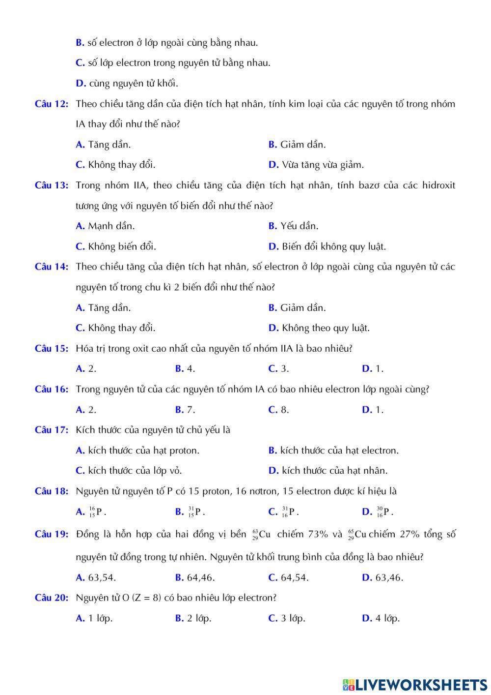 Hóa 10 - Kiểm tra Giữa kì 1 - Đề số 01