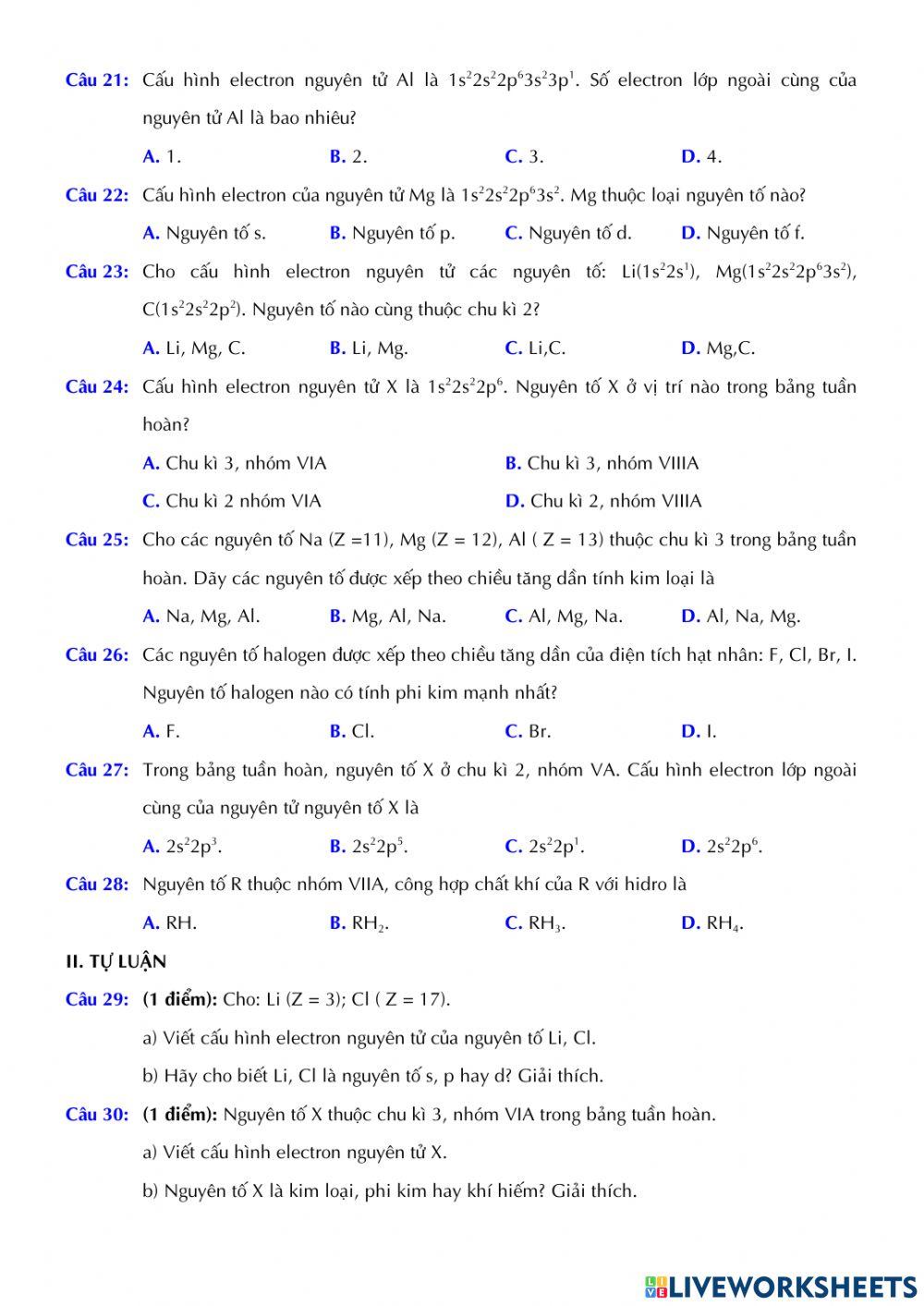 Hóa 10 - Kiểm tra Giữa kì 1 - Đề số 01