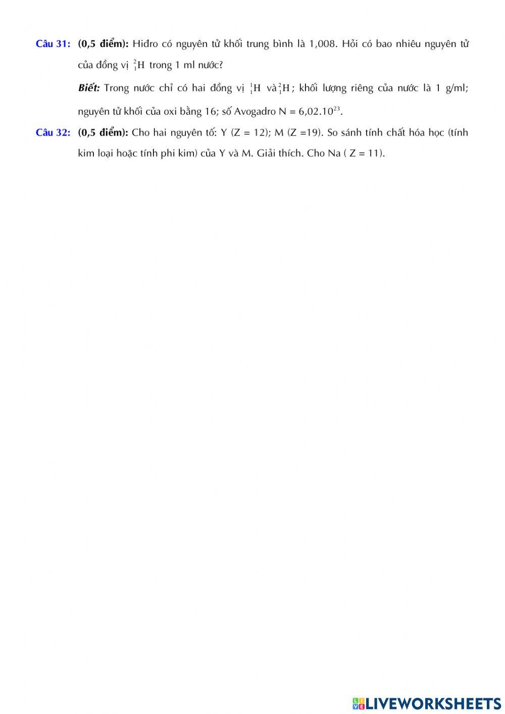 Hóa 10 - Kiểm tra Giữa kì 1 - Đề số 01