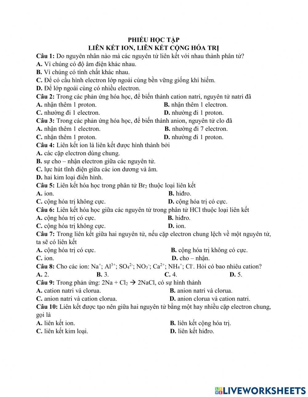 Liên kết ion và liên kết cộng hóa trị