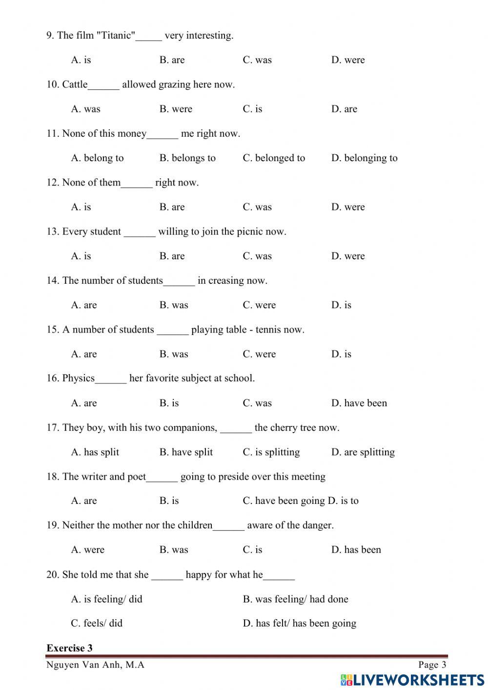 subject and verb agreement test 1