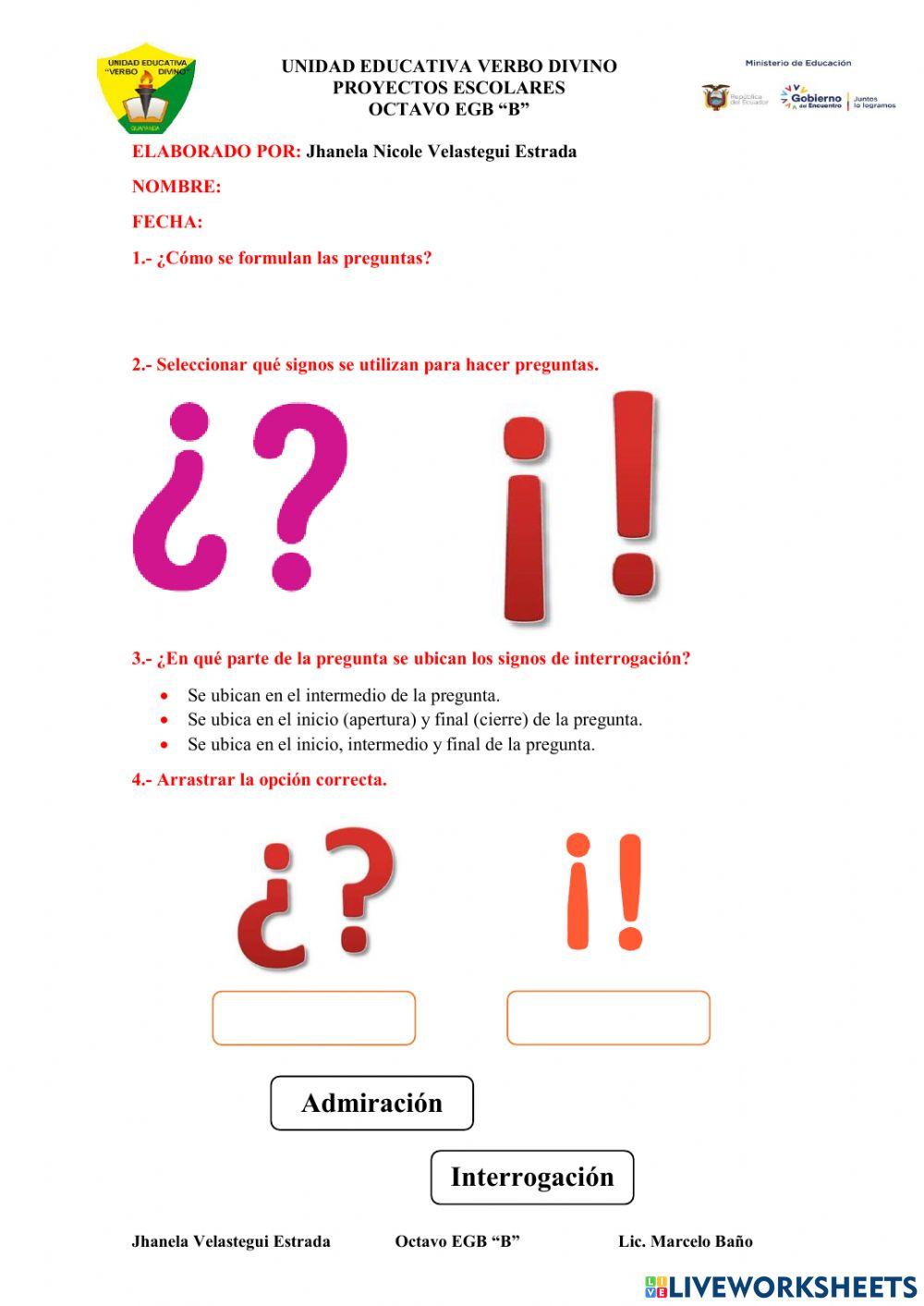 Signos interrogativos y admirativos - VELASTEGUI JHANELA.