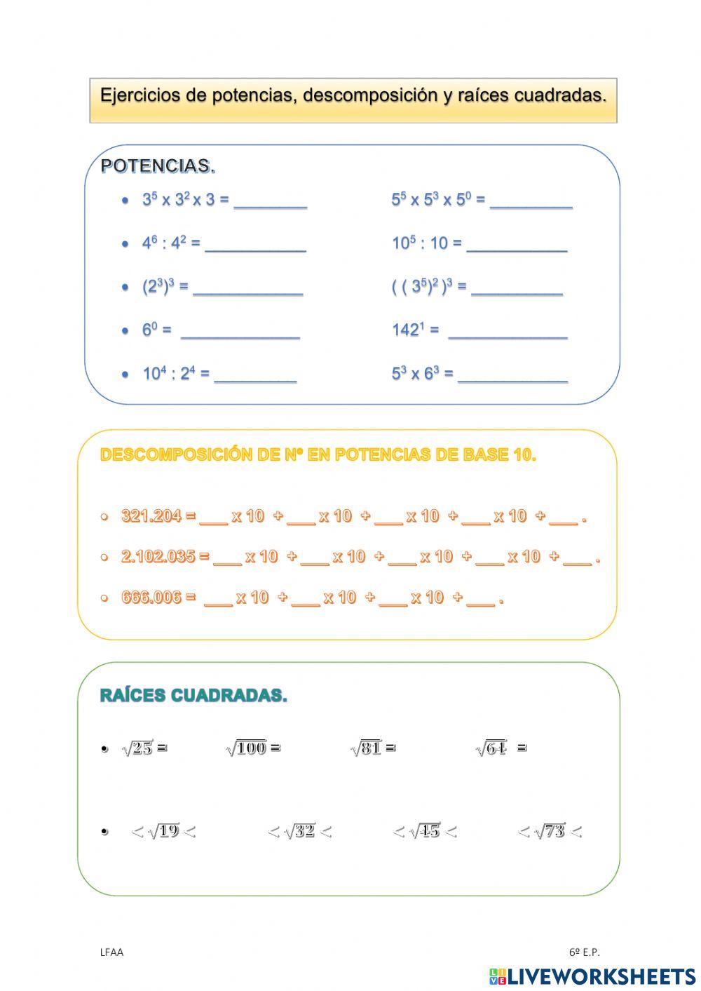 Potencias, descomposición y raíces cuadradas