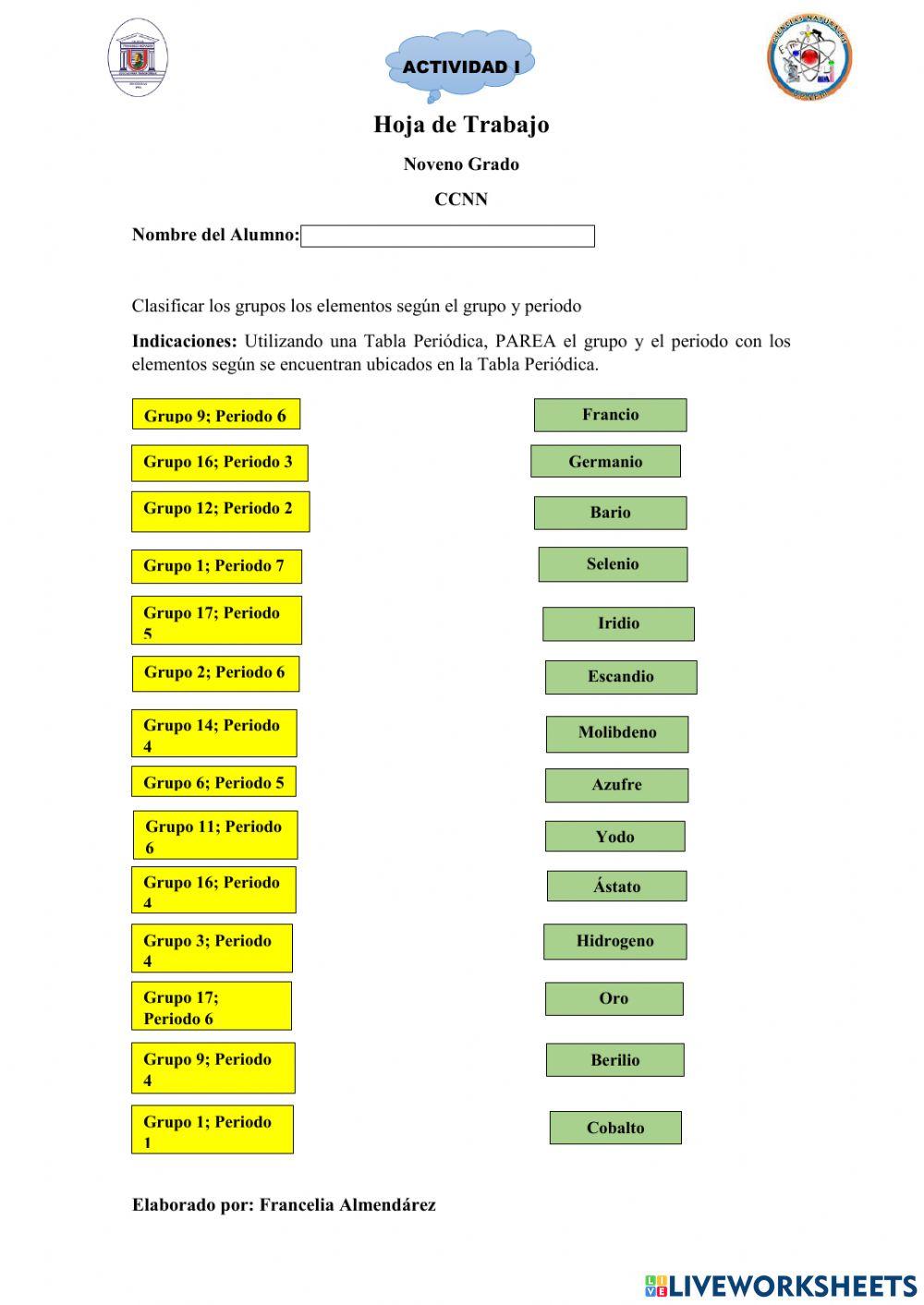 Hoja de Trabajo La Organizacion de los Elementos
