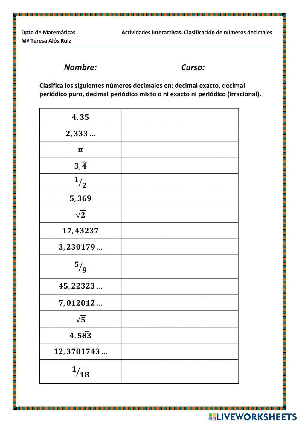 Clasificación de números decimales