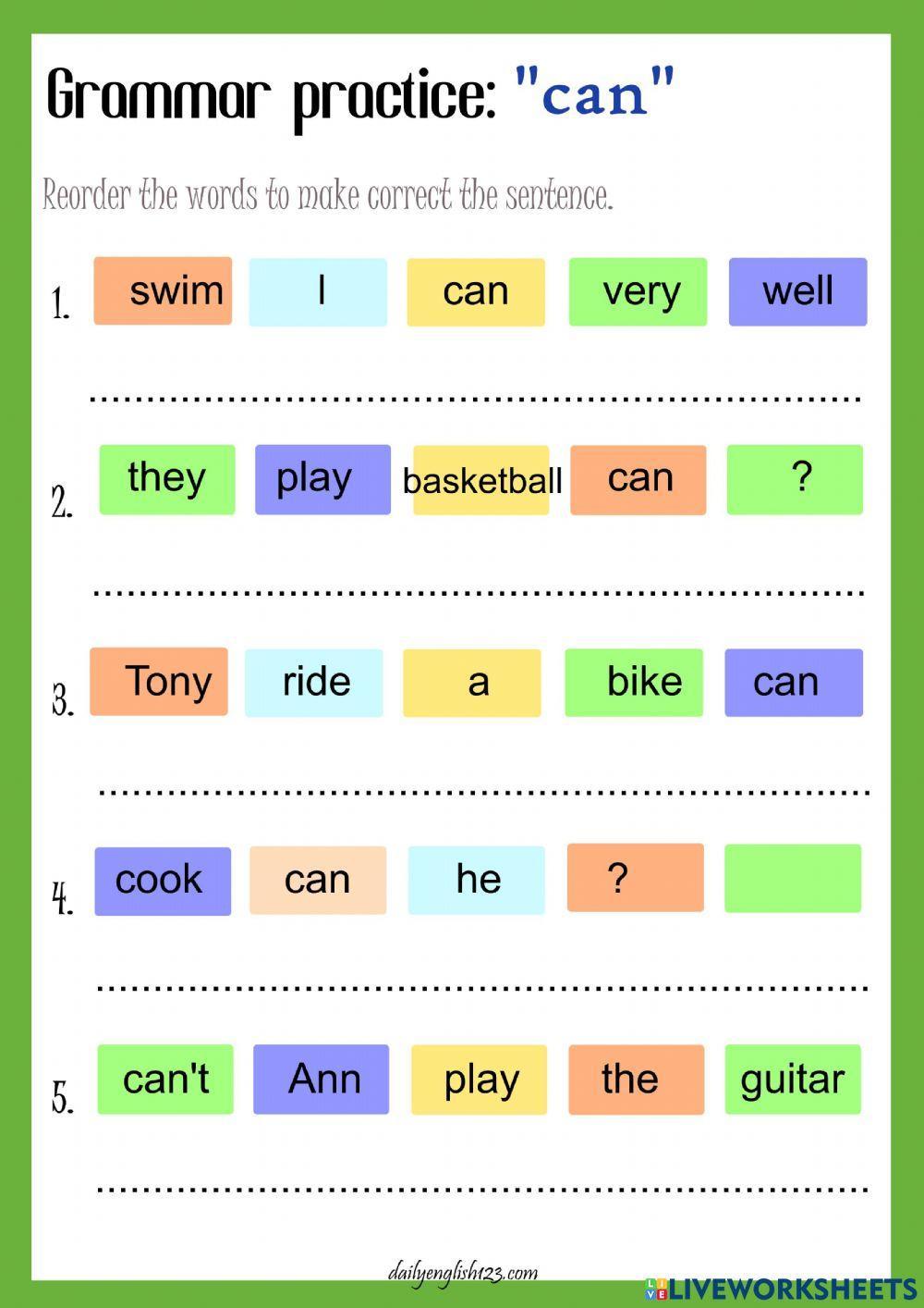 Order the sentenses wwith strucure: Can-can't