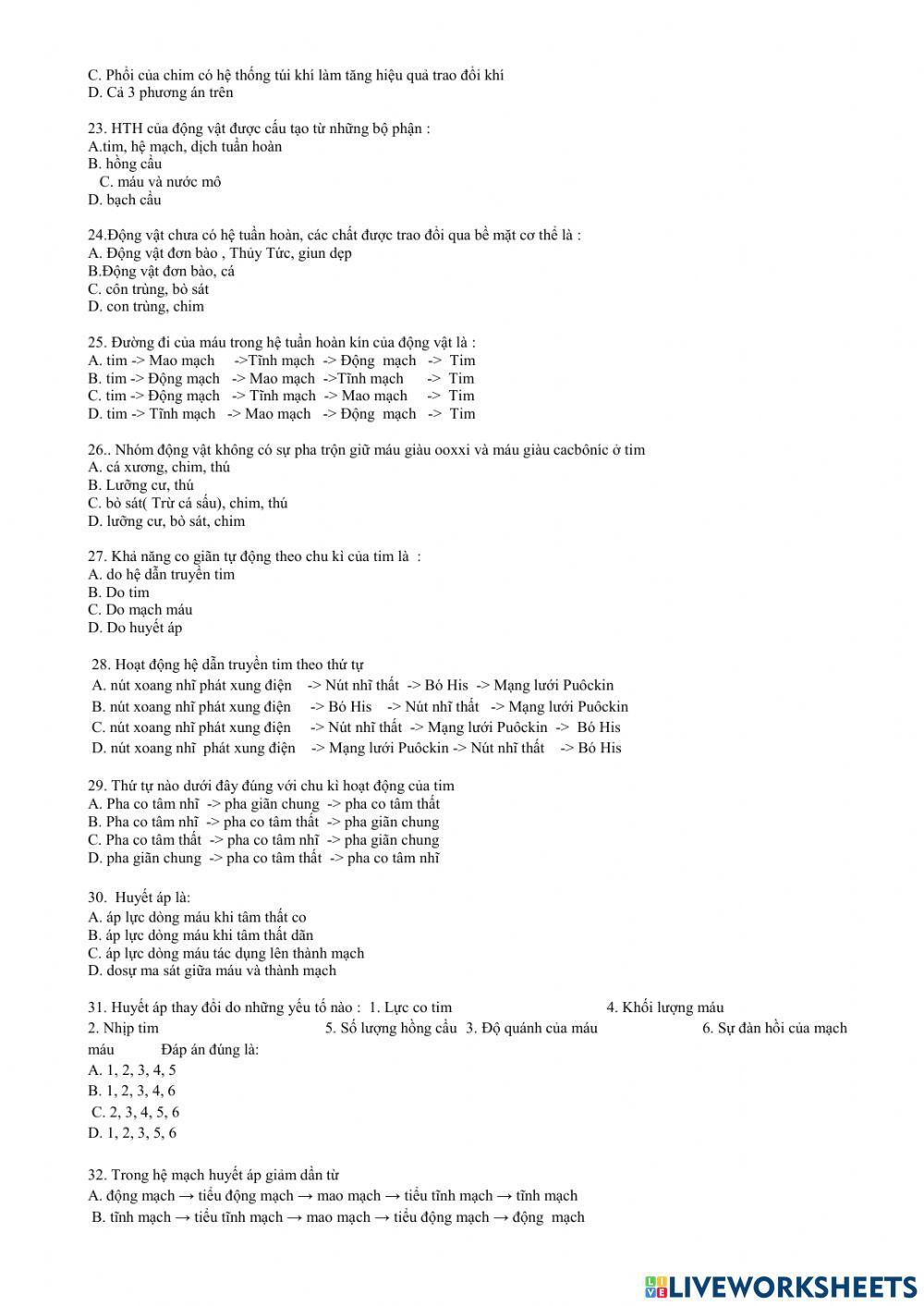 Ôn tập về tiêu hóa tuần hoàn hô hấp