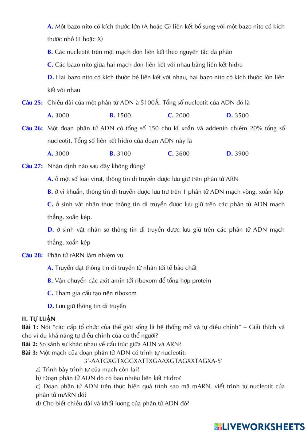 Sinh học 10 - Kiểm tra Giữa kì 1 - Đề số 01