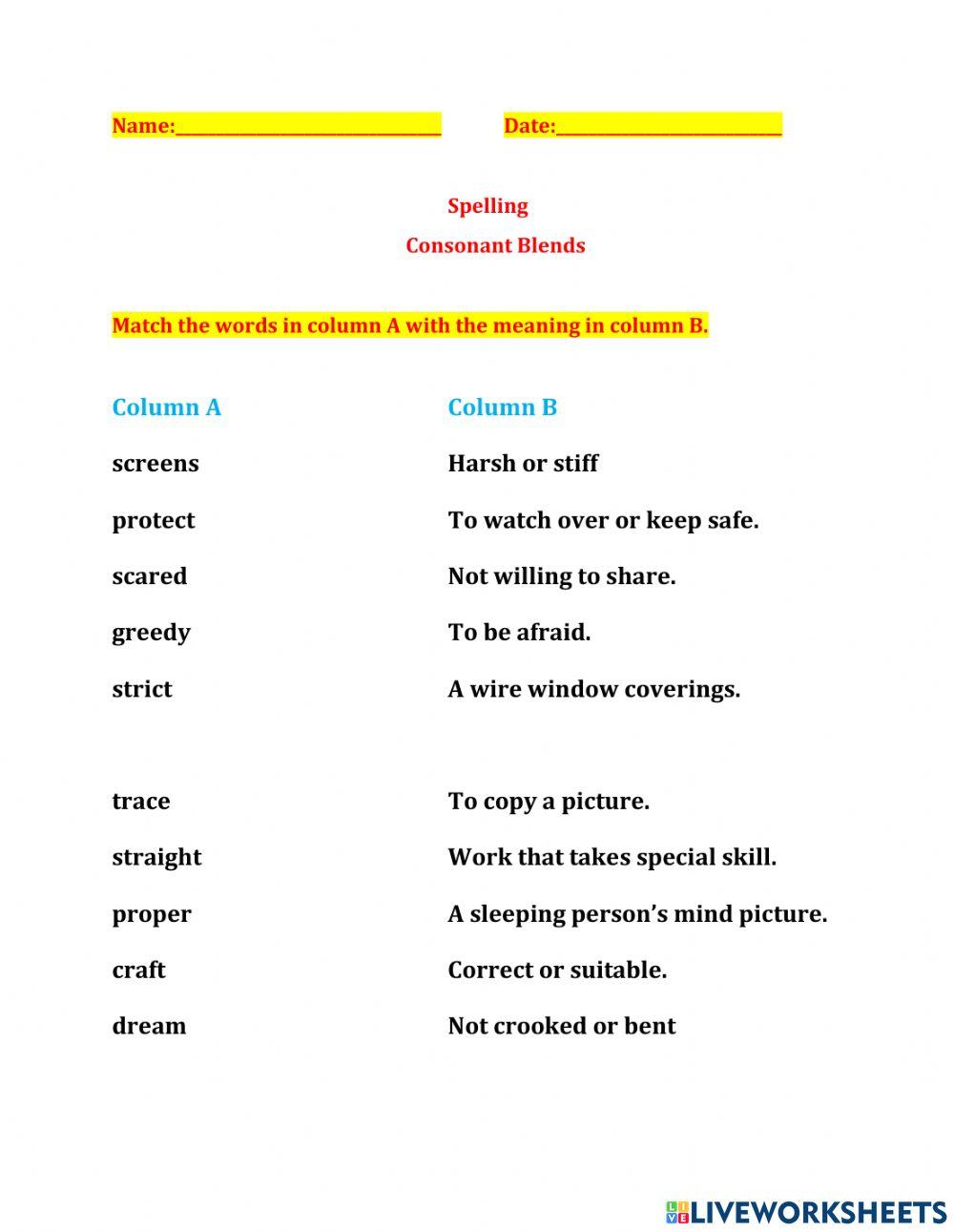 Consonant blends online exercise for live worksheets