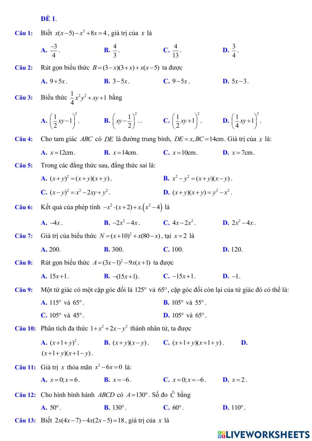 Trắc nghiệm giữa HK1 Toán 8 Đề2
