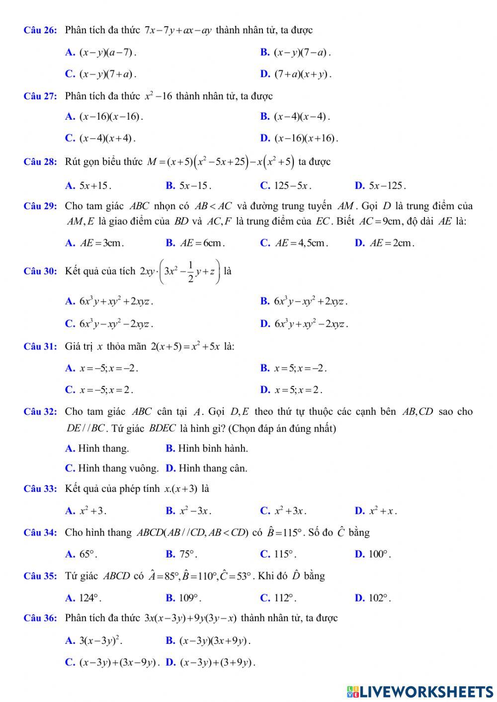 Trắc nghiệm giữa HK1 Toán 8 Đề2