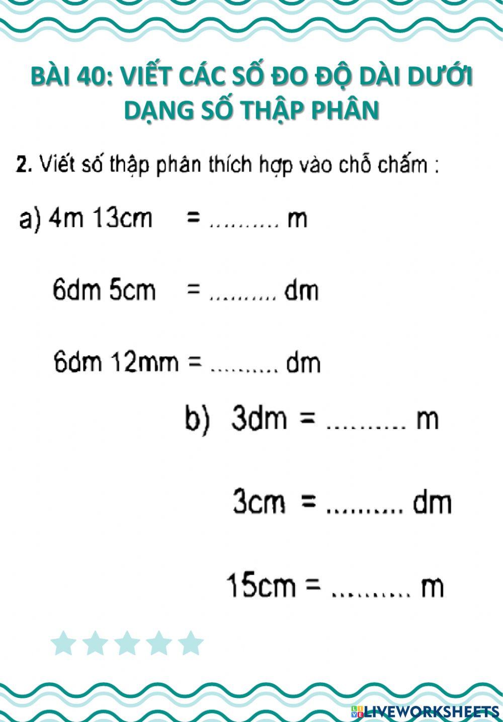 Vbt bài 40 viết các số đo độ dài dưới dạng số thập phân
