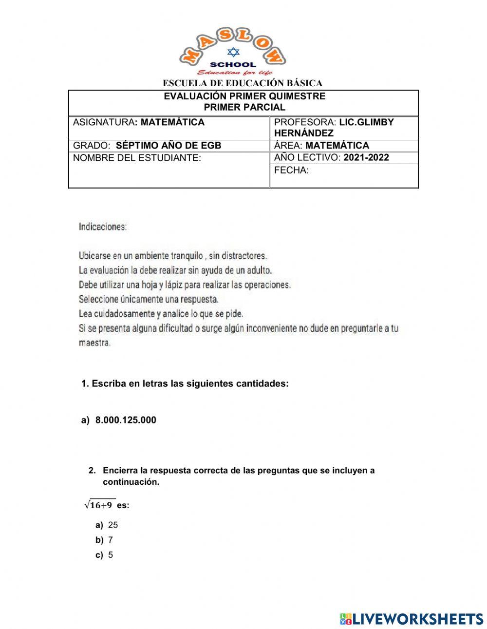 Primer Parcial 7mo AC Matemática