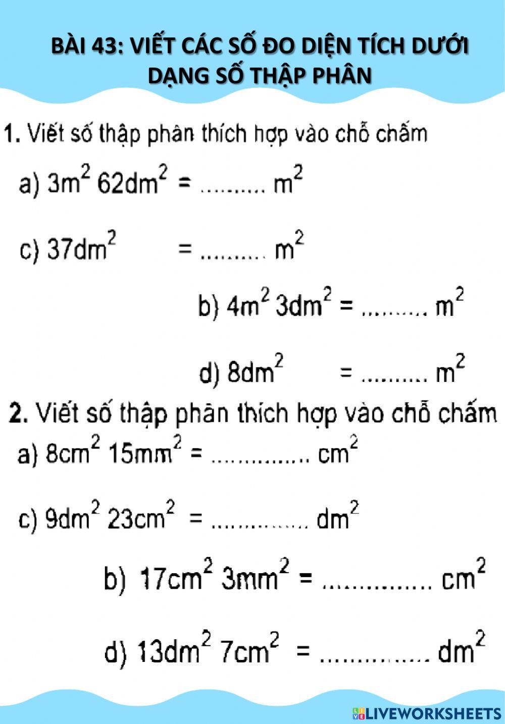VBT bài 43 viết các số đo diện tích dưới dạng số thập phân