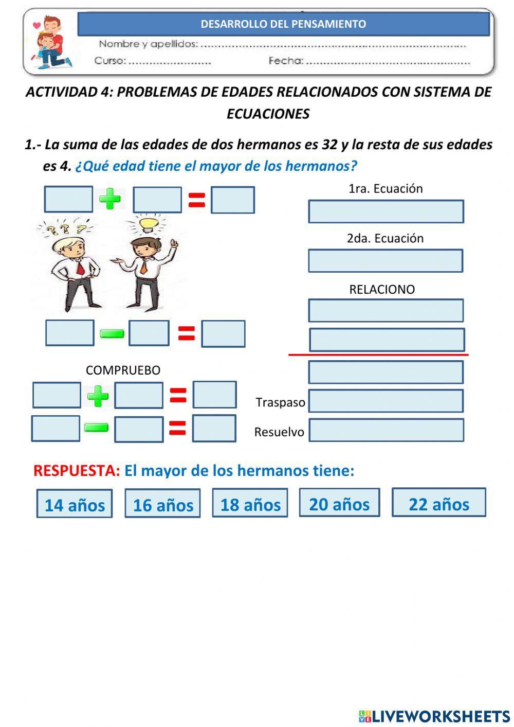 Problemas de edades con sistema de ecuaciones