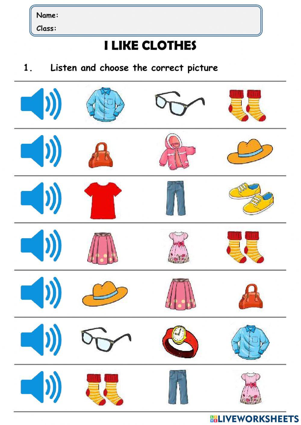 Worksheet - I like clothes 