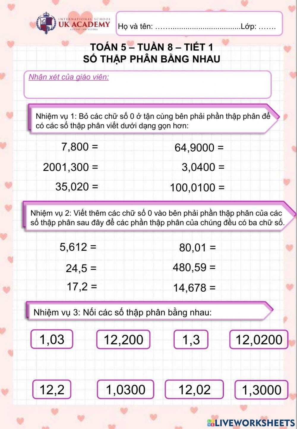 Toán 5 - Số thập phân bằng nhau