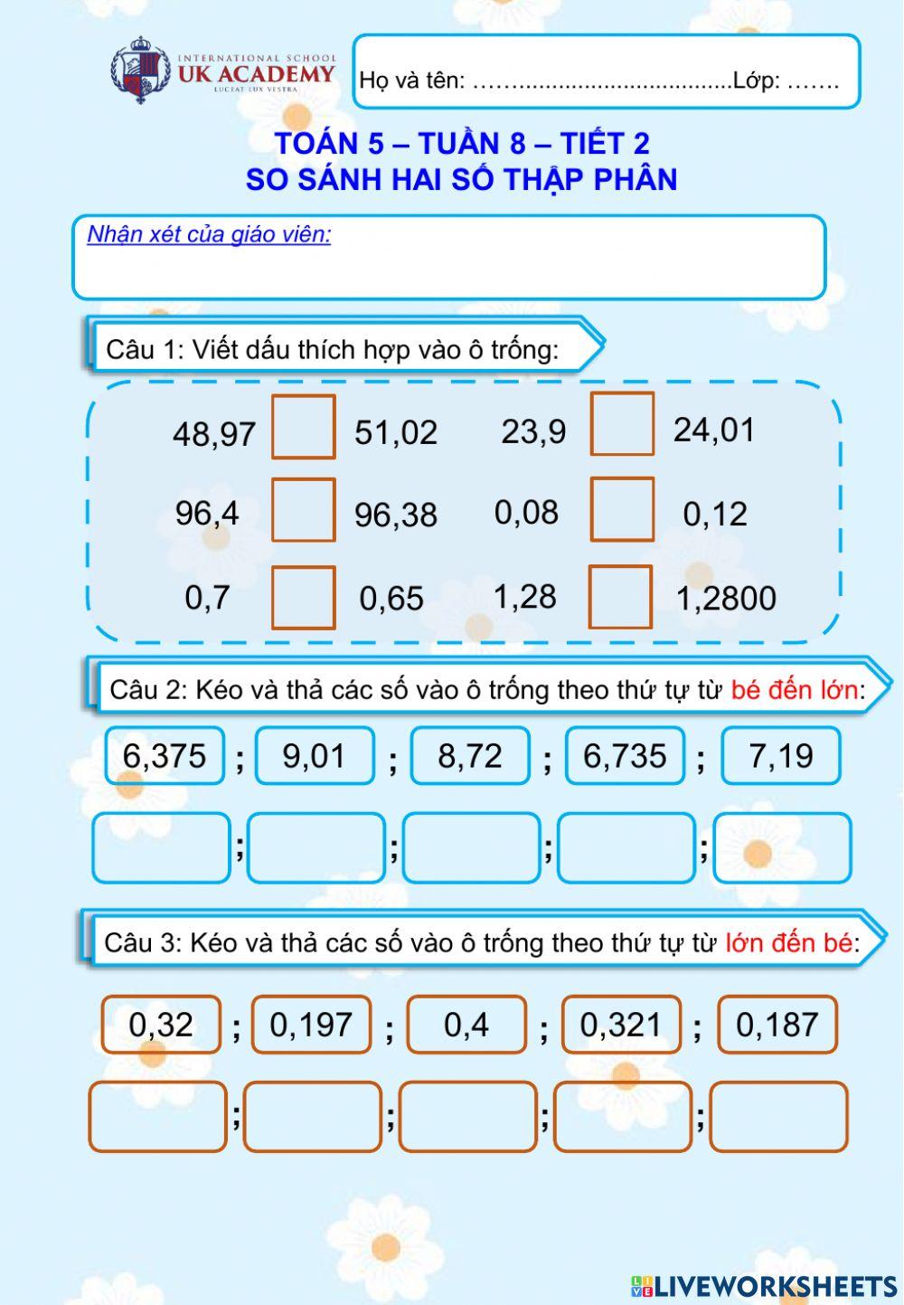 Toán 5 - So sánh hai số thập phân