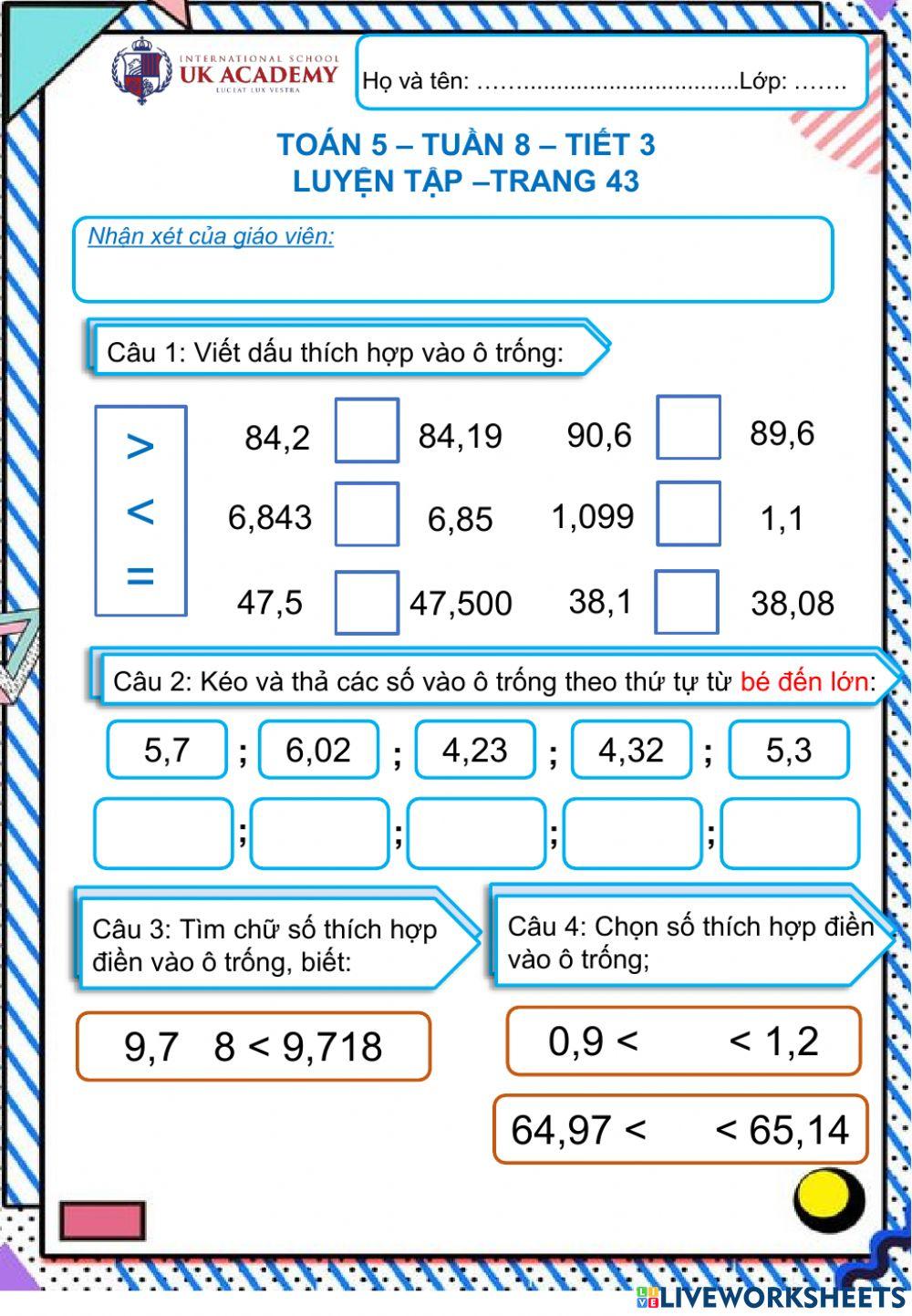 Toán 5 - Tuần 8 - Luyện tập - Trang 43