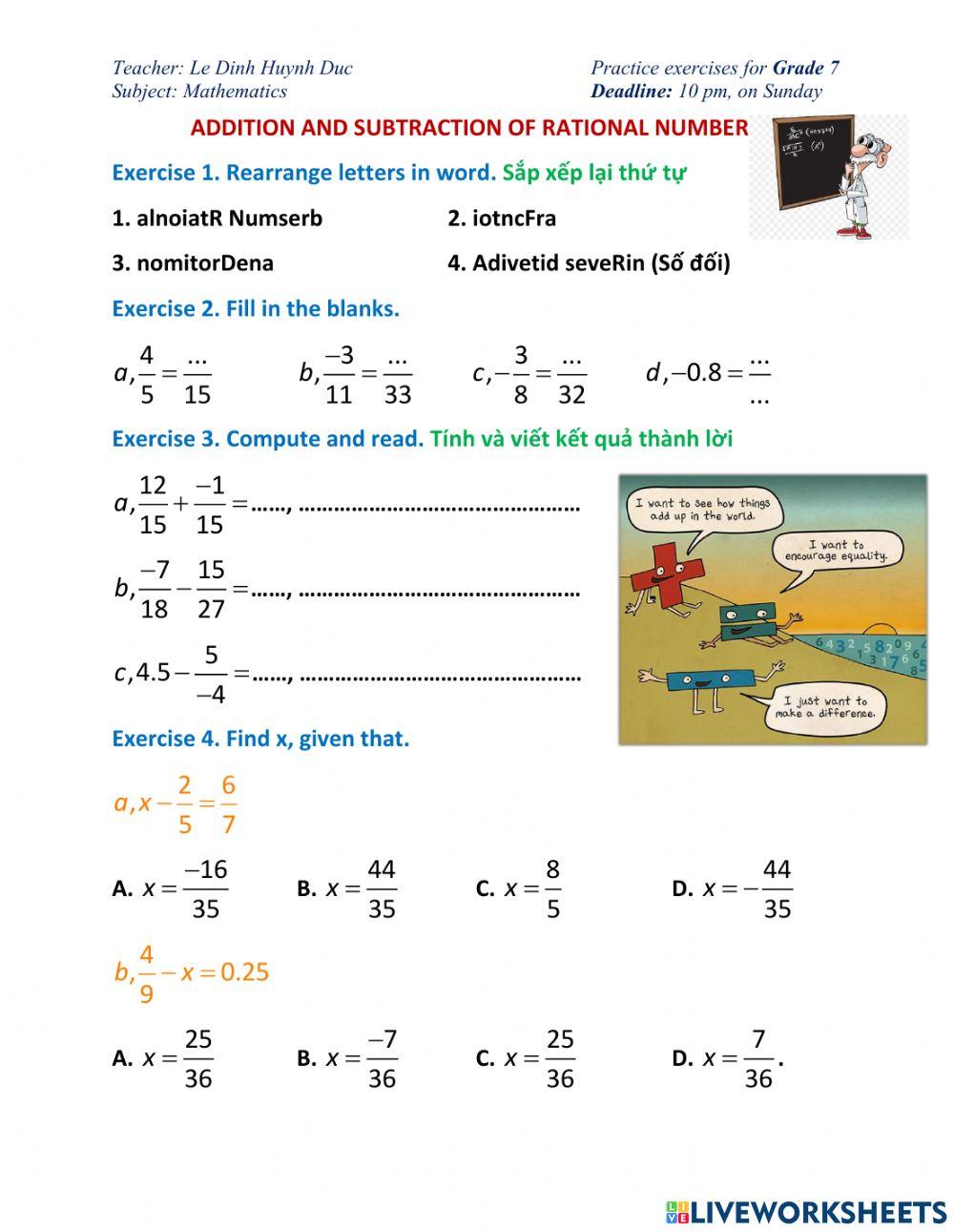 Addition and subtraction rational numbers. Grade 7 online exercise for ...