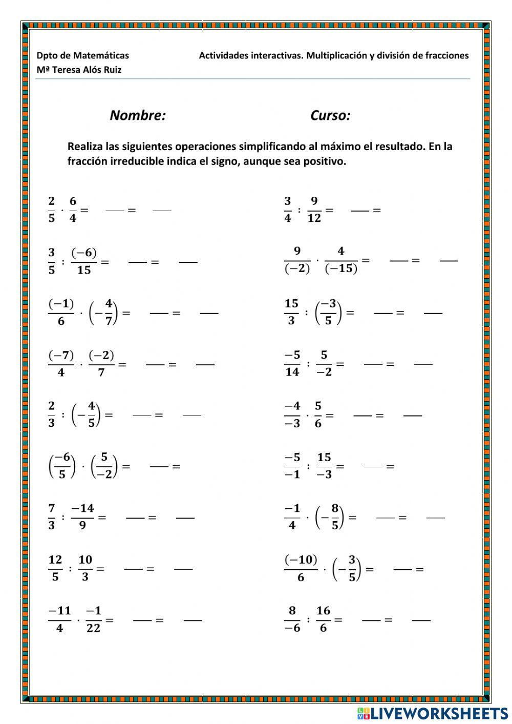 Multiplicaciones y divisiones de fracciones