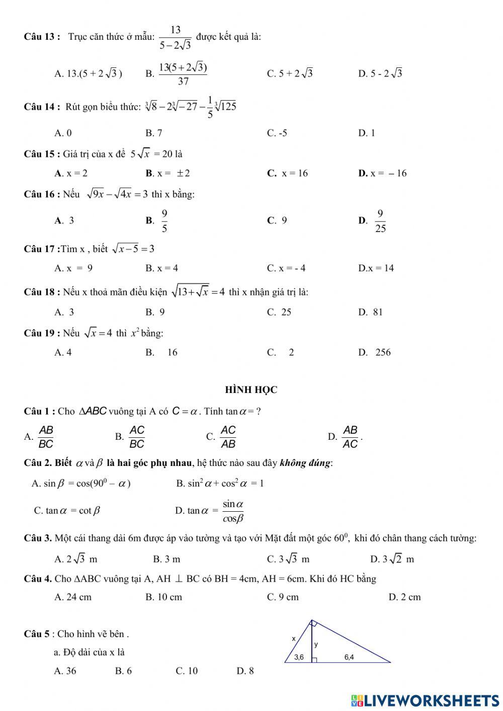 Trắc nghiệm giữa HK1 Toán 9 đề2