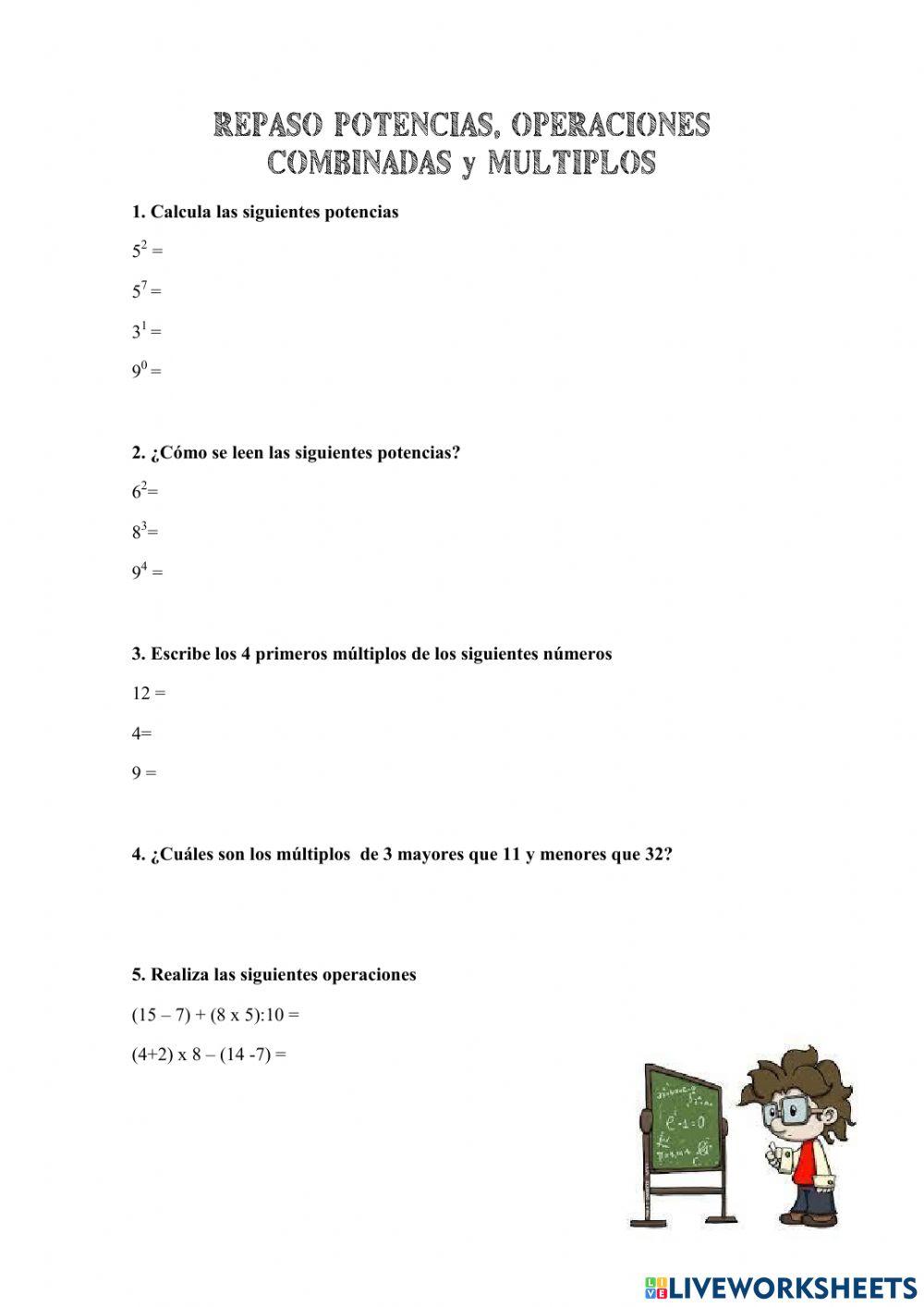 Repaso Pontencias, multiplos y operaciones combinadas