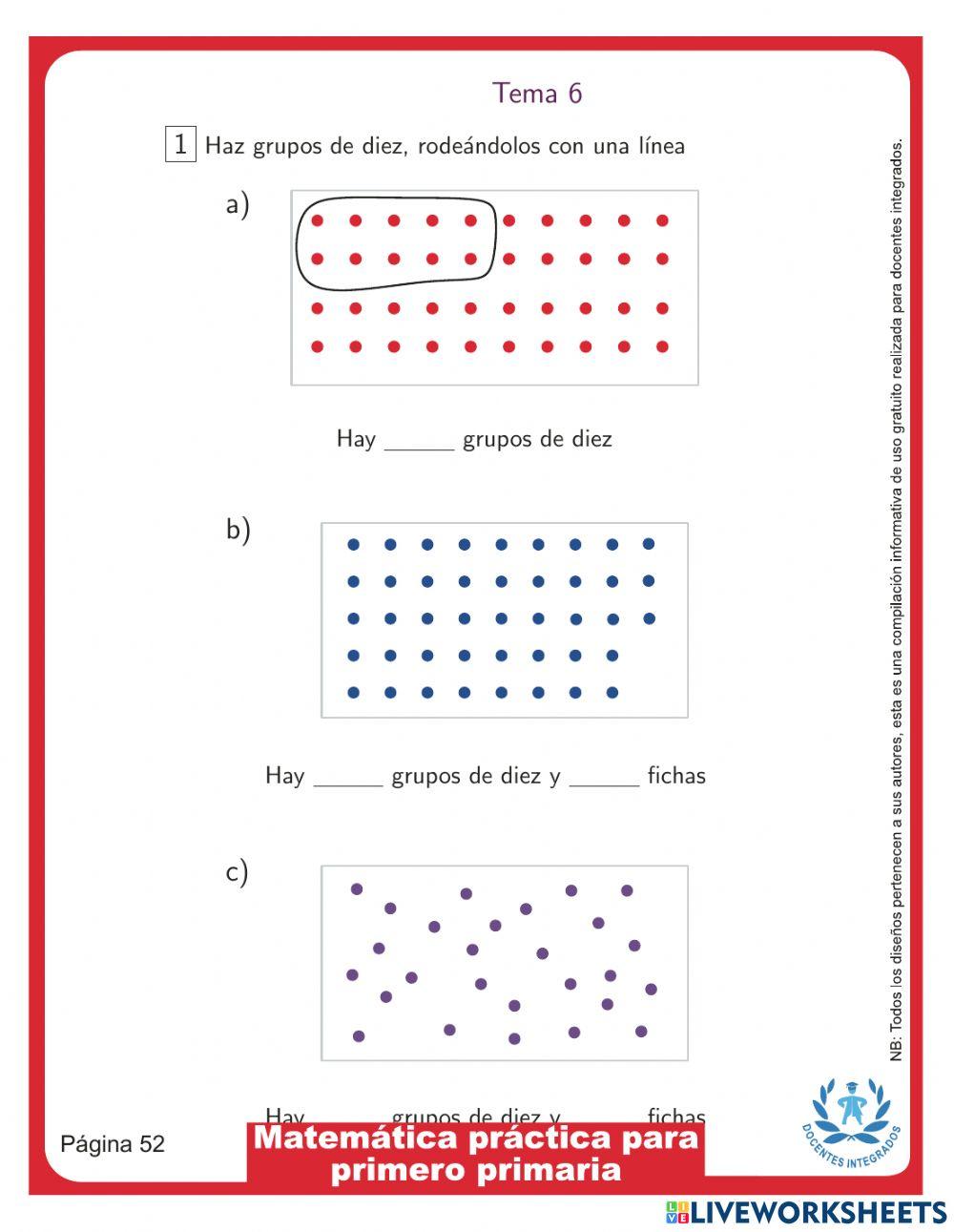 Matemática práctica para primero primaria p. 52 - Grupos de decenas