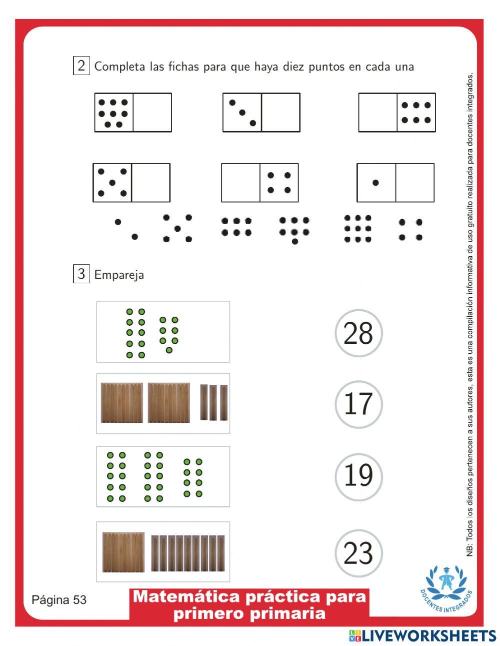 Matemática práctica para primero primaria p. 53 - Completa y colega